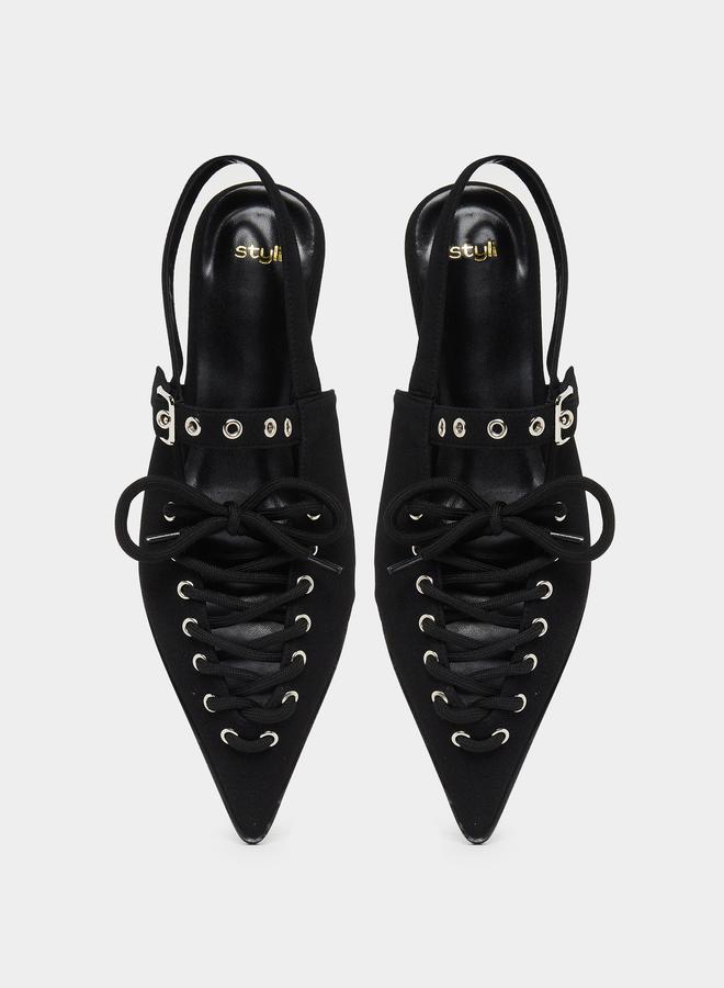 Styli Black Lace-Up Pointed Toe Slingback Shoes - Image 5